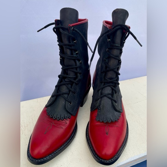 Abilene Leather Lace Up Western Packer Kiltie Boots Women’s Size 9.5 M Red Black - Picture 12 of 14